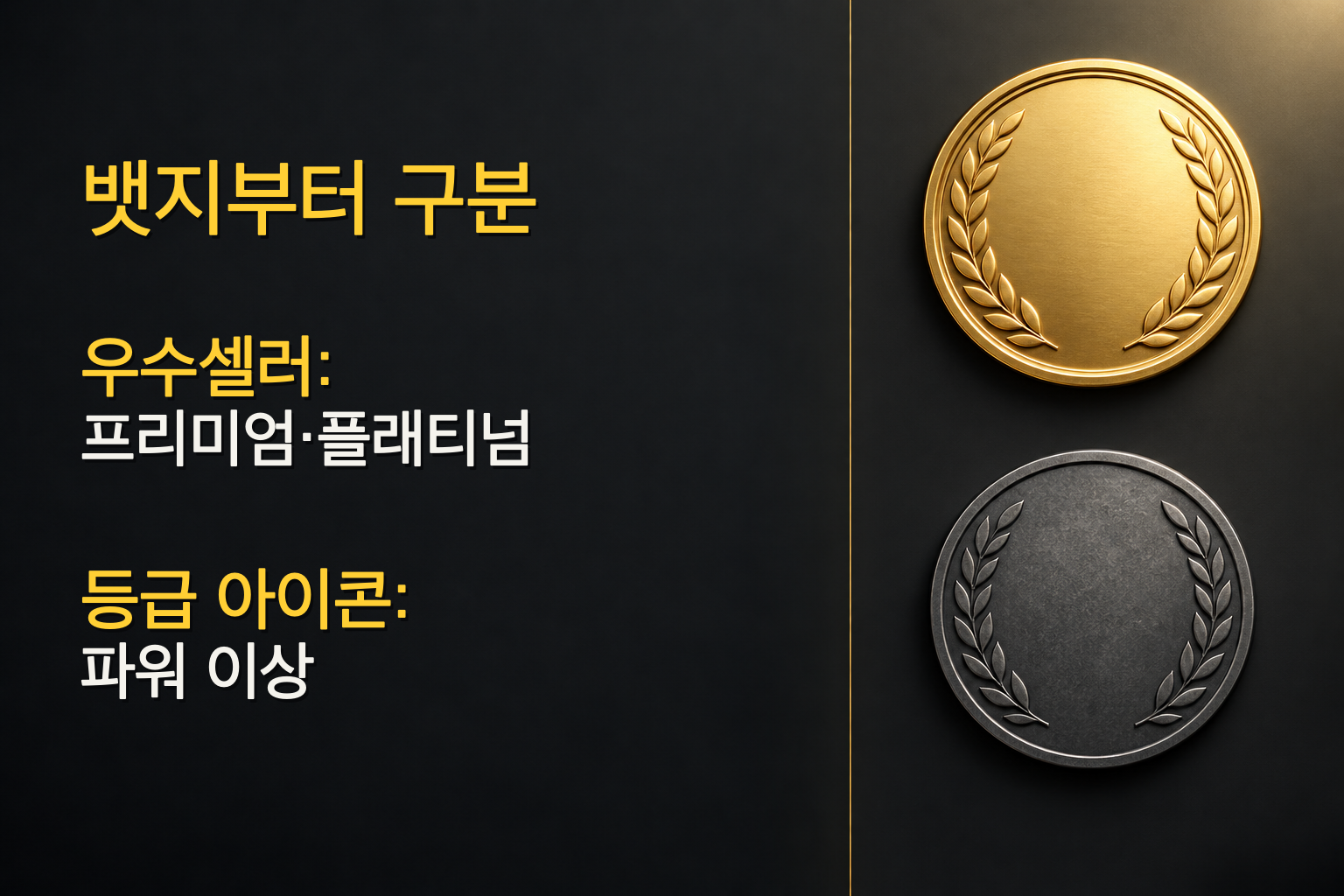 우수셀러 태그는 프리미엄과 플래티넘, 일반 등급 아이콘은 파워 이상에서 구분해 확인합니다